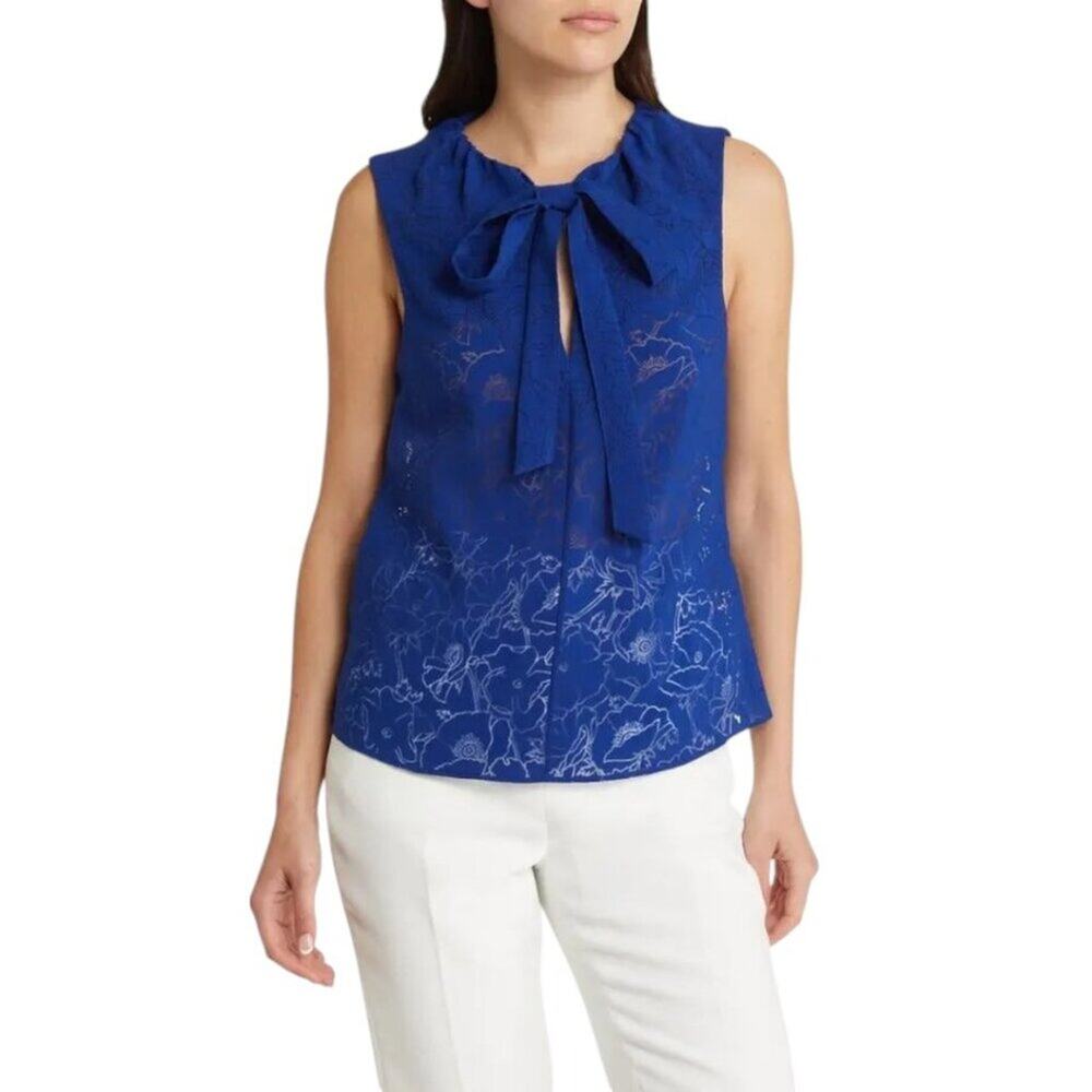 NWT Ted Baker Adelaai Blue Floral Print Sleeveless Blouse Tie Neck Top Size 3